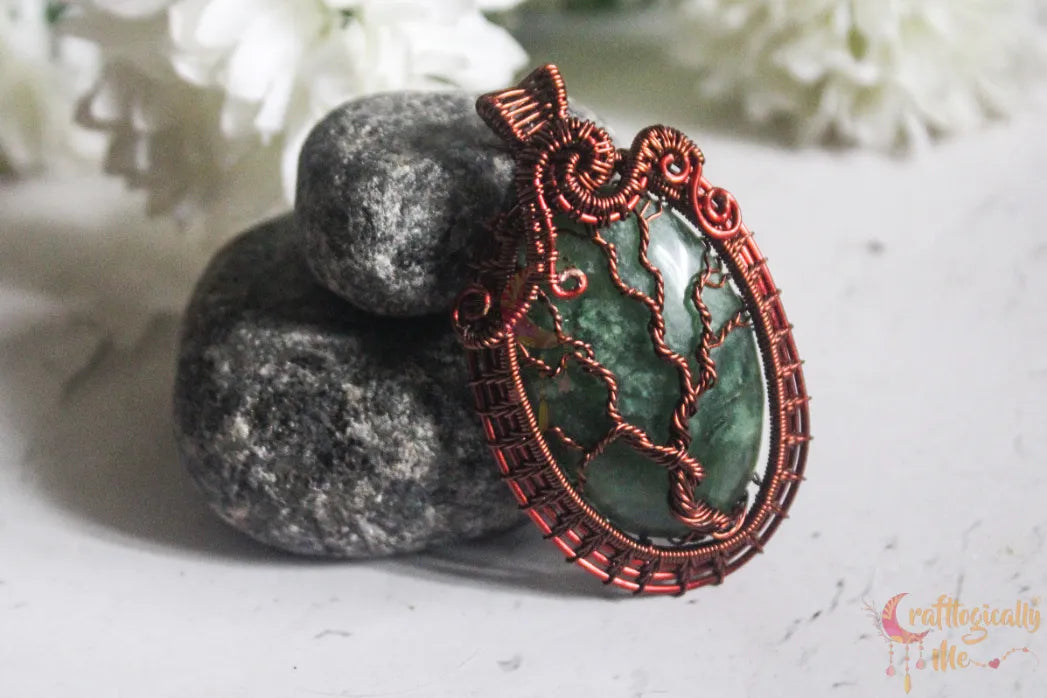 Moss Agate Tree of Life Framed Pendant – Handmade Wire Wrapped Gemstone Jewelry