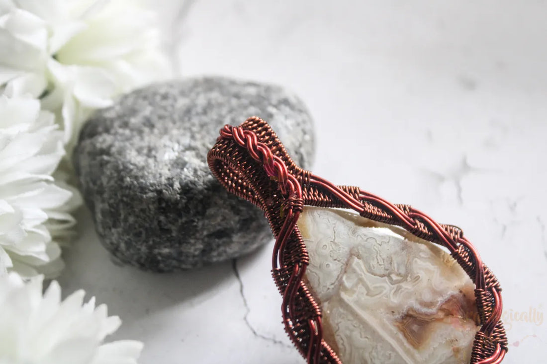 Crazy Lace Agate Criss Cross Wrapped Pendant – Handmade Wire Wrapped Jewelry