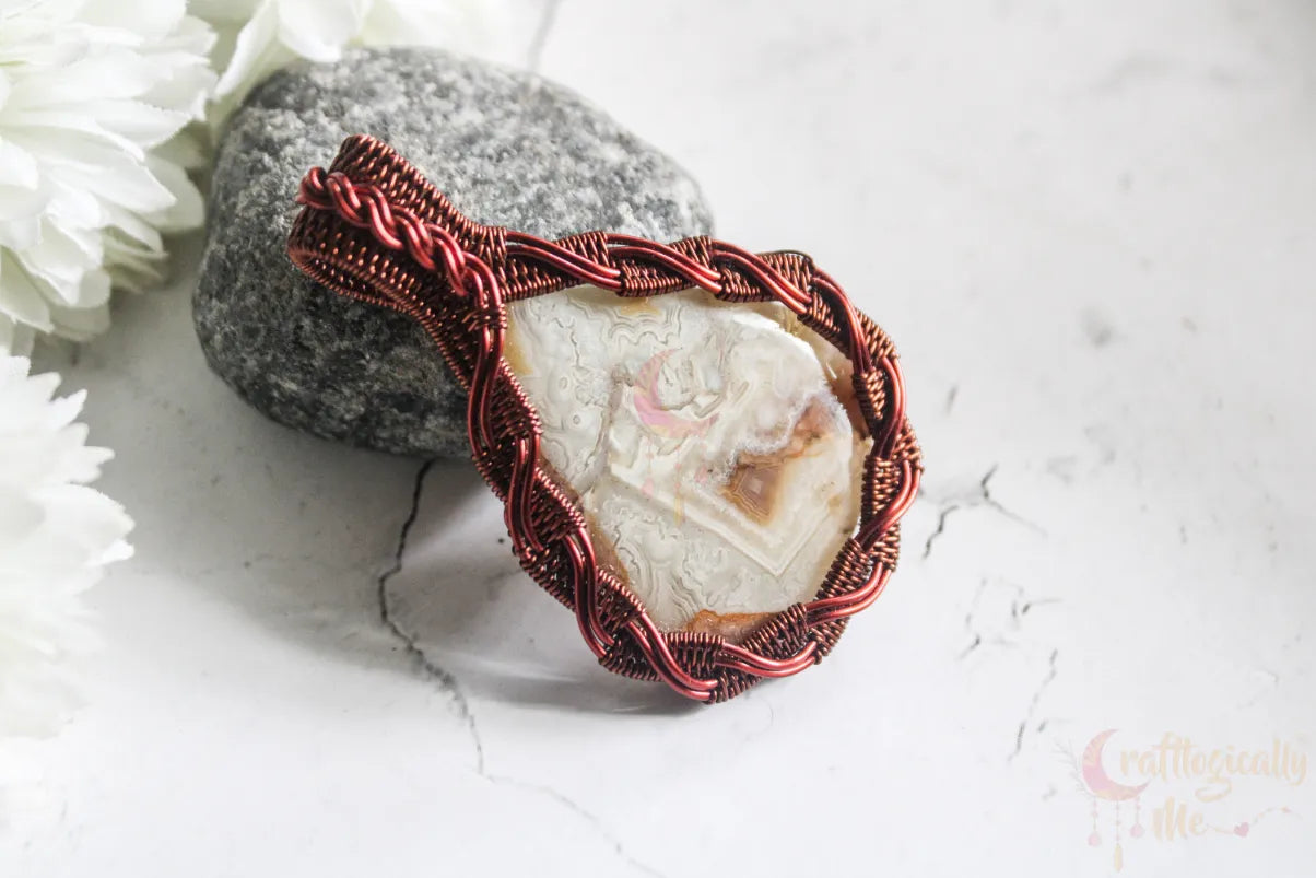 Crazy Lace Agate Criss Cross Wrapped Pendant – Handmade Wire Wrapped Jewelry