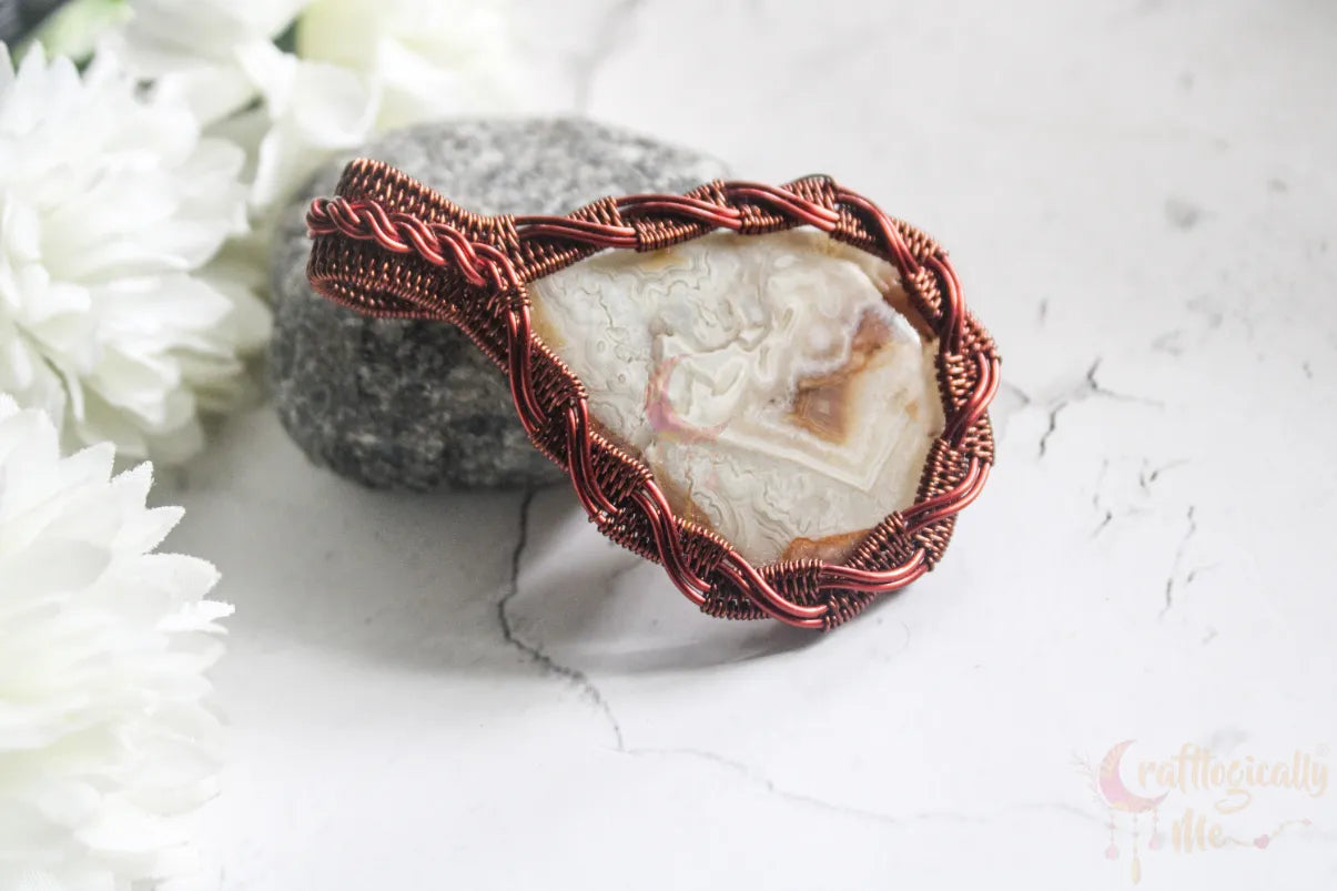 Crazy Lace Agate Criss Cross Wrapped Pendant – Handmade Wire Wrapped Jewelry