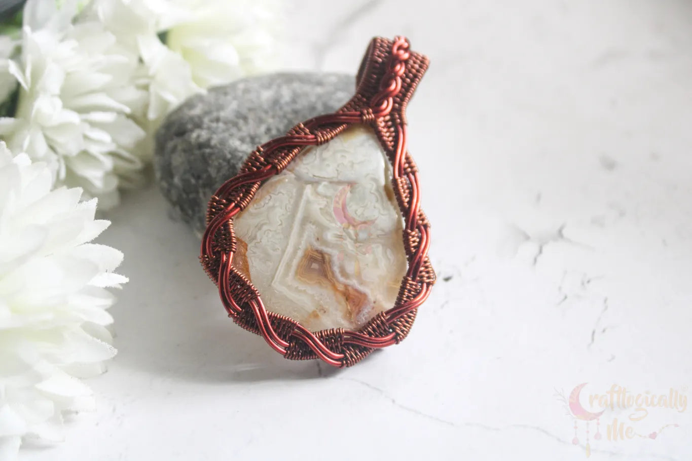 Crazy Lace Agate Criss Cross Wrapped Pendant – Handmade Wire Wrapped Jewelry