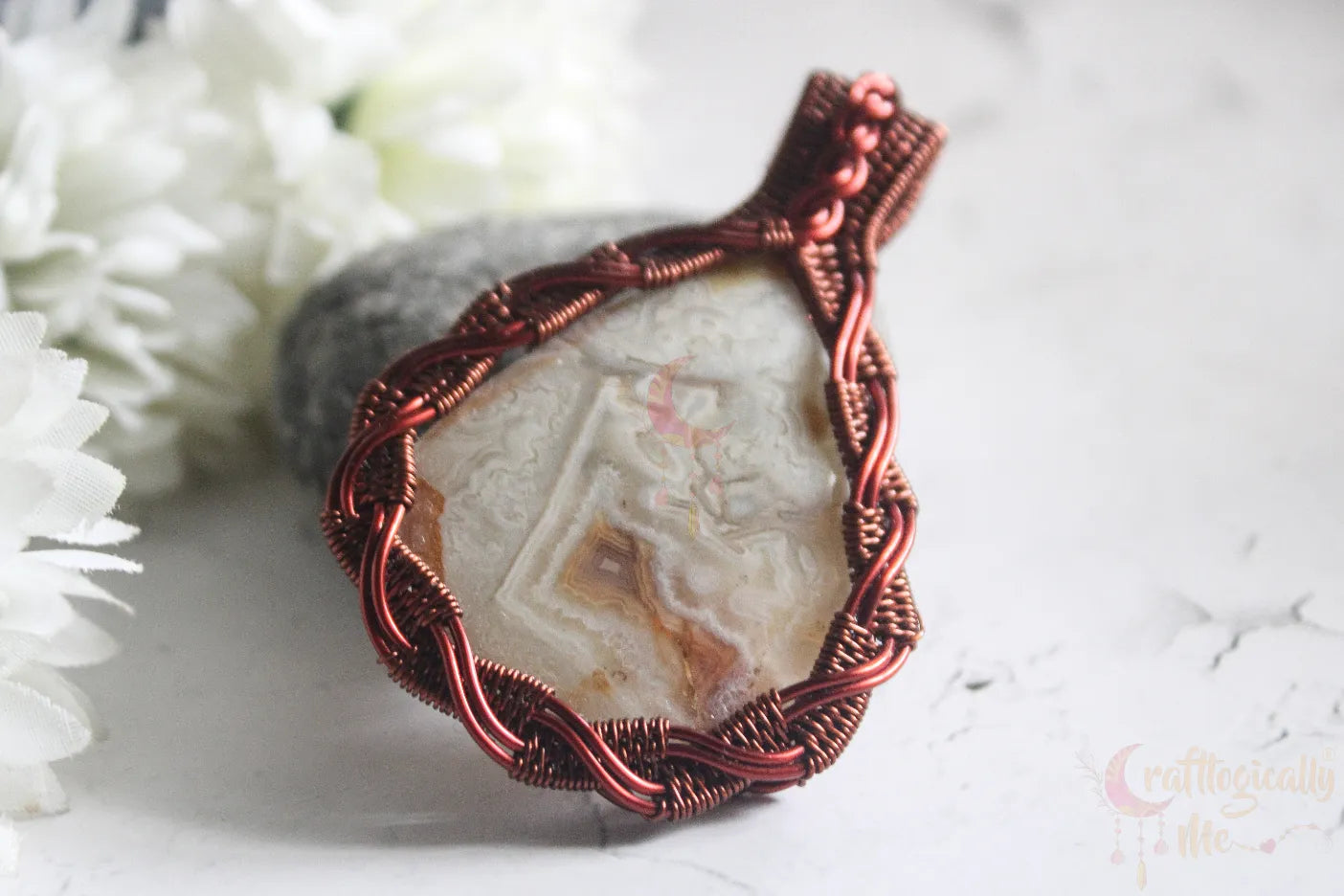 Crazy Lace Agate Criss Cross Wrapped Pendant – Handmade Wire Wrapped Jewelry