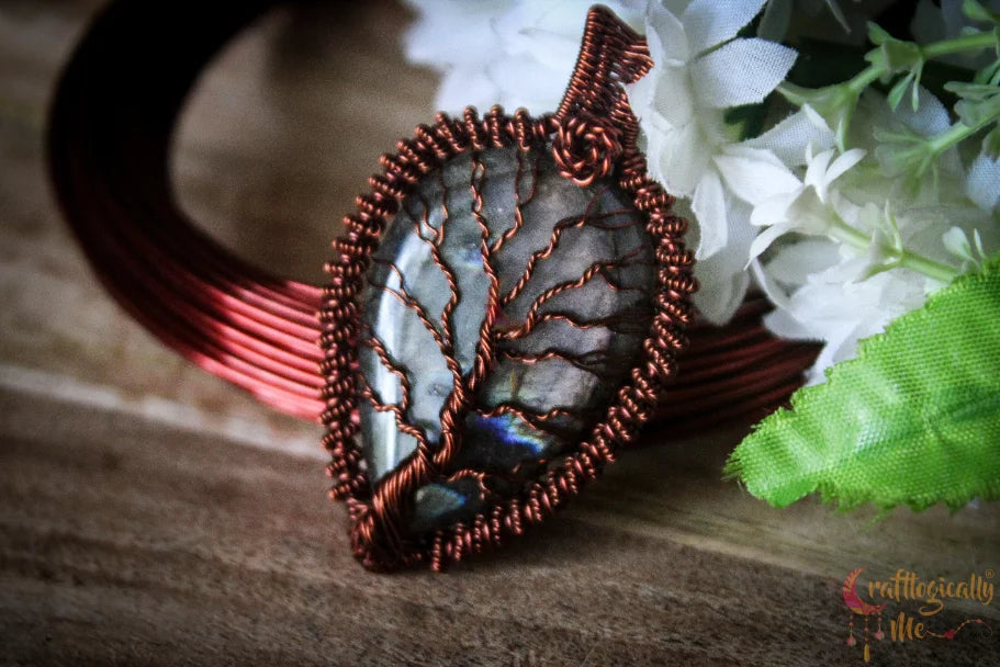 Purple Labradorite Gemstone Drop Tree of Life Pendant – Handmade Wire Wrapped Jewelry