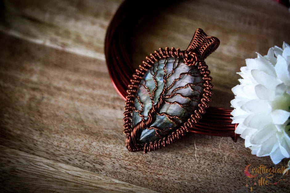 Purple Labradorite Gemstone Drop Tree of Life Pendant – Handmade Wire Wrapped Jewelry