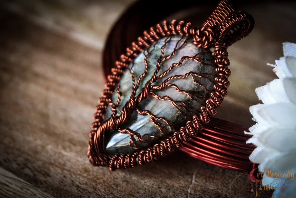 Purple Labradorite Gemstone Drop Tree of Life Pendant – Handmade Wire Wrapped Jewelry