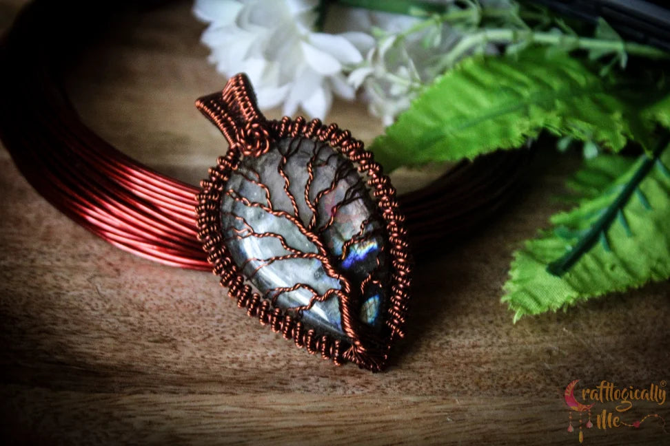 Purple Labradorite Gemstone Drop Tree of Life Pendant – Handmade Wire Wrapped Jewelry