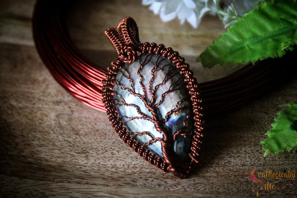 Purple Labradorite Gemstone Drop Tree of Life Pendant – Handmade Wire Wrapped Jewelry