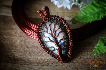 Purple Labradorite Gemstone Drop Tree of Life Pendant – Handmade Wire Wrapped Jewelry