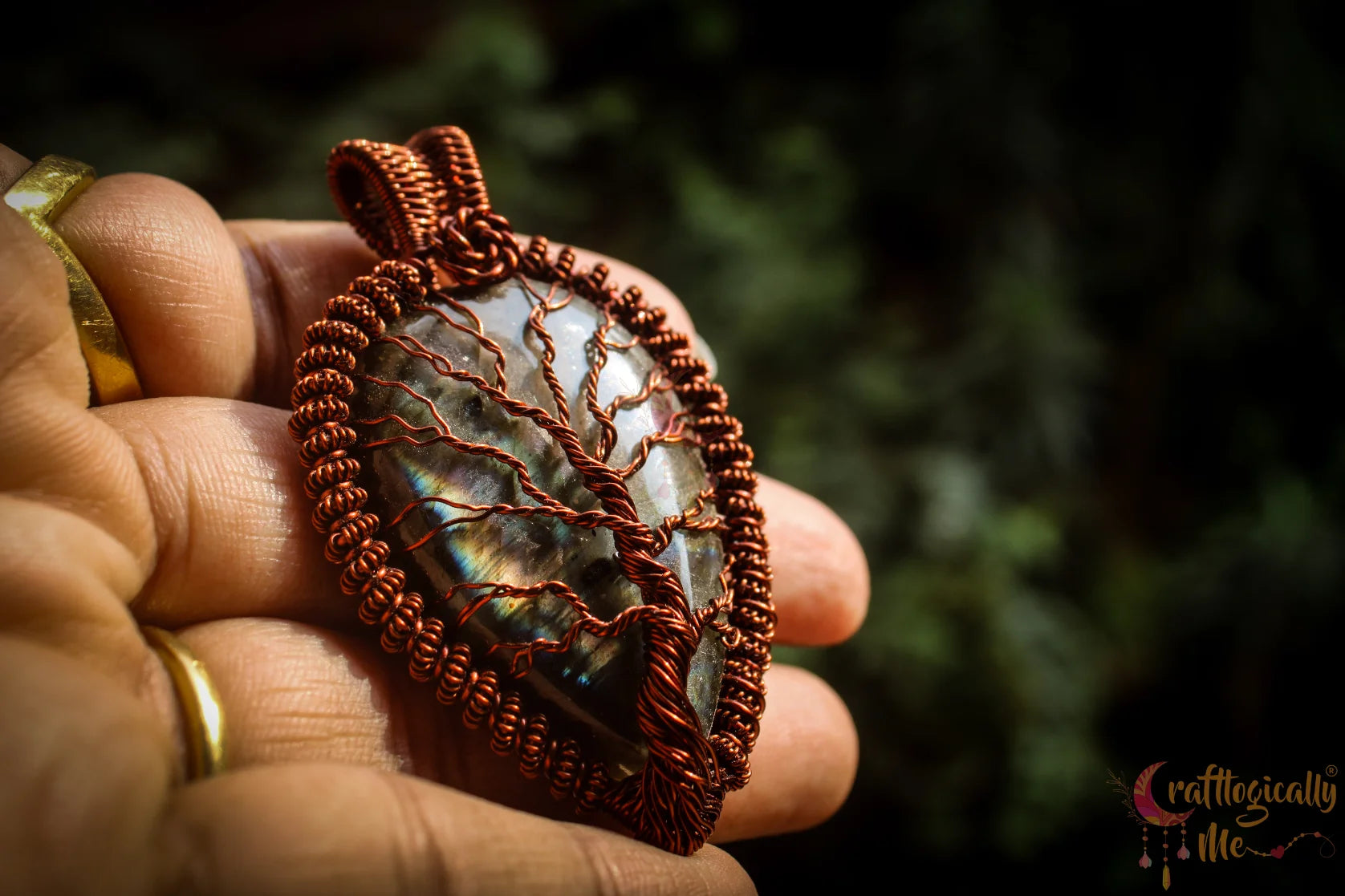 Purple Labradorite Gemstone Drop Tree of Life Pendant – Handmade Wire Wrapped Jewelry