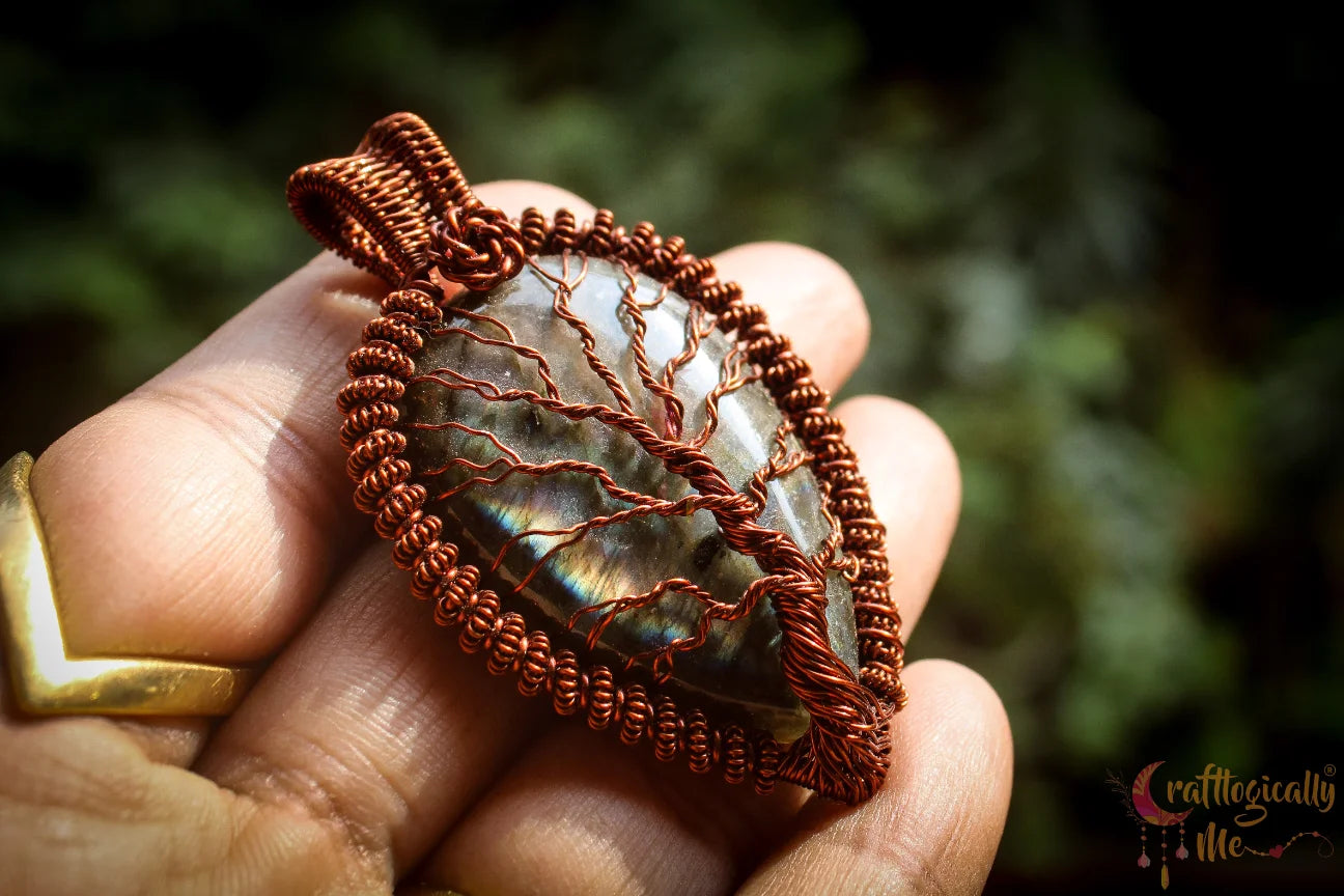 Purple Labradorite Gemstone Drop Tree of Life Pendant – Handmade Wire Wrapped Jewelry