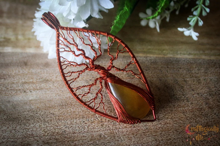 Yellow Chalcedony Gemstone Tree of Life Pendant – Handmade Wire Wrapped Jewelry
