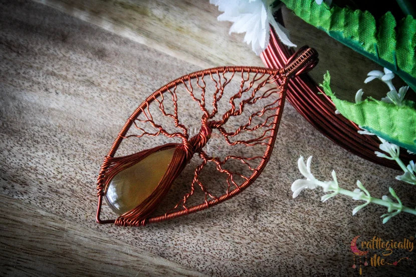 Yellow Chalcedony Gemstone Tree of Life Pendant – Handmade Wire Wrapped Jewelry