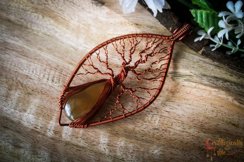 Yellow Chalcedony Gemstone Tree of Life Pendant – Handmade Wire Wrapped Jewelry