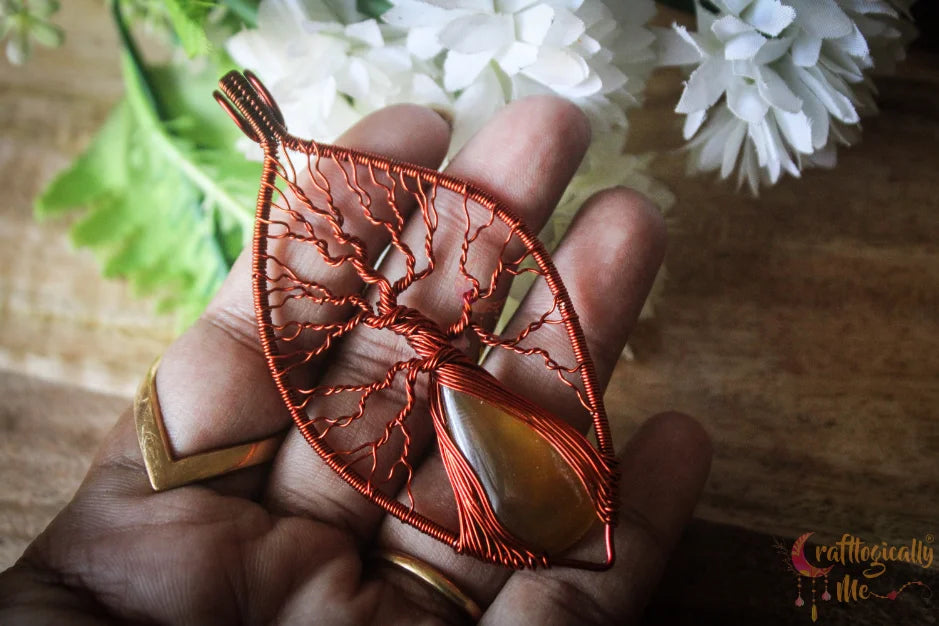 Yellow Chalcedony Gemstone Tree of Life Pendant – Handmade Wire Wrapped Jewelry