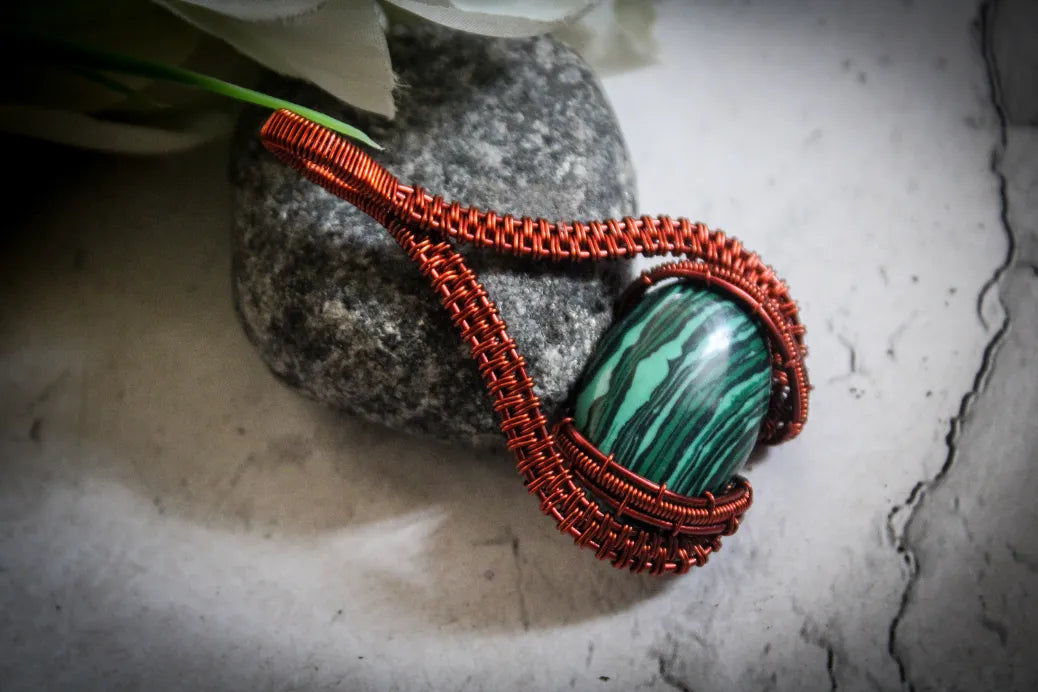 Malachite Gemstone Oval Wrap Pendant – Handmade Wire Wrapped Jewelry