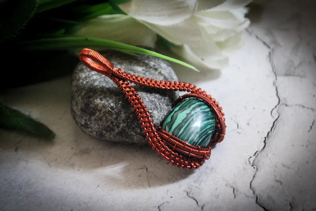 Malachite Gemstone Oval Wrap Pendant – Handmade Wire Wrapped Jewelry