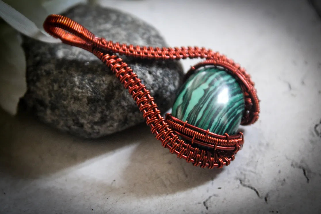 Malachite Gemstone Oval Wrap Pendant – Handmade Wire Wrapped Jewelry