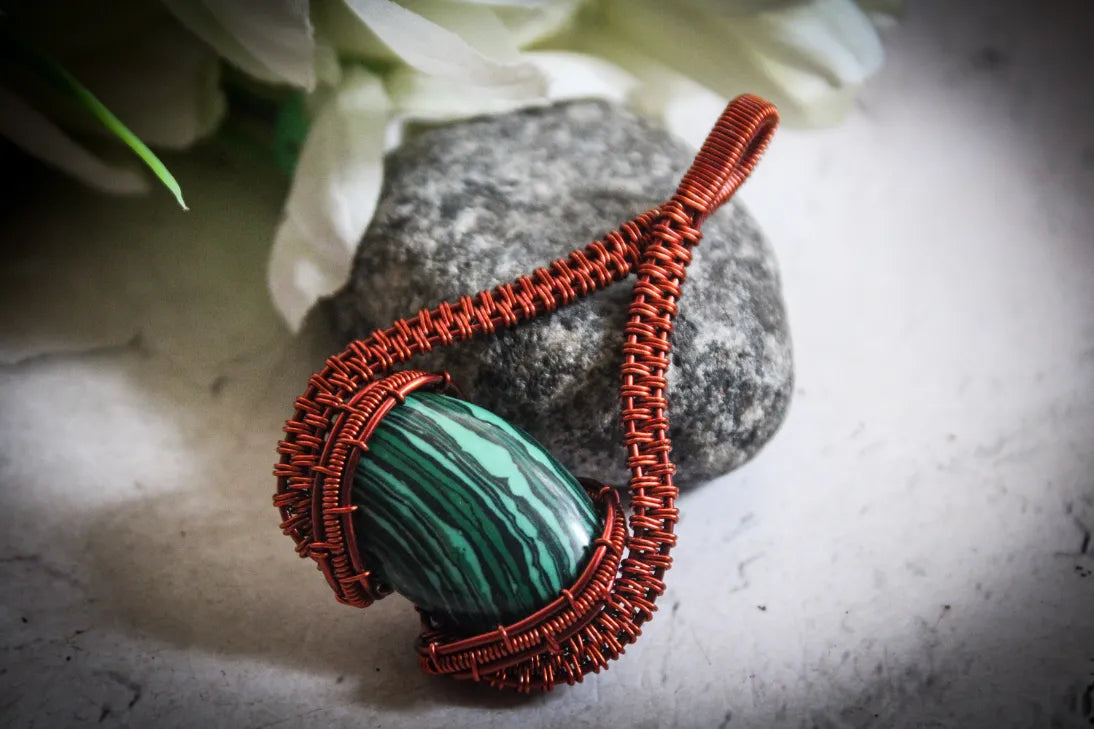 Malachite Gemstone Oval Wrap Pendant – Handmade Wire Wrapped Jewelry