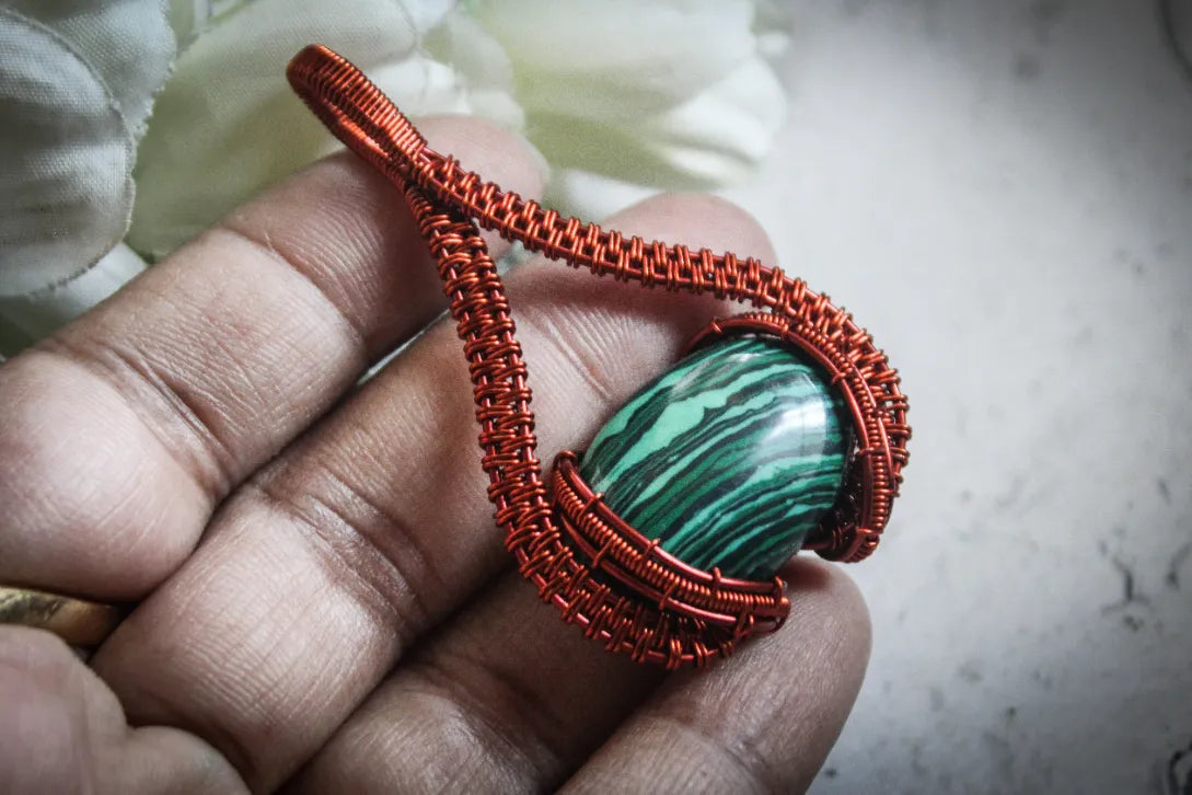 Malachite Gemstone Oval Wrap Pendant – Handmade Wire Wrapped Jewelry