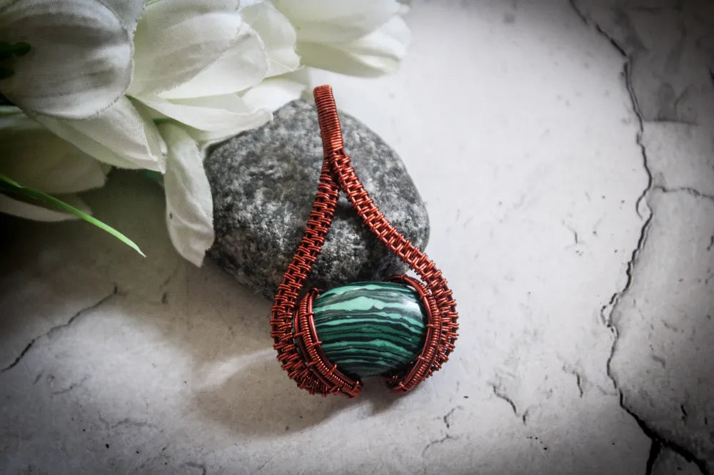 Malachite Gemstone Oval Wrap Pendant – Handmade Wire Wrapped Jewelry