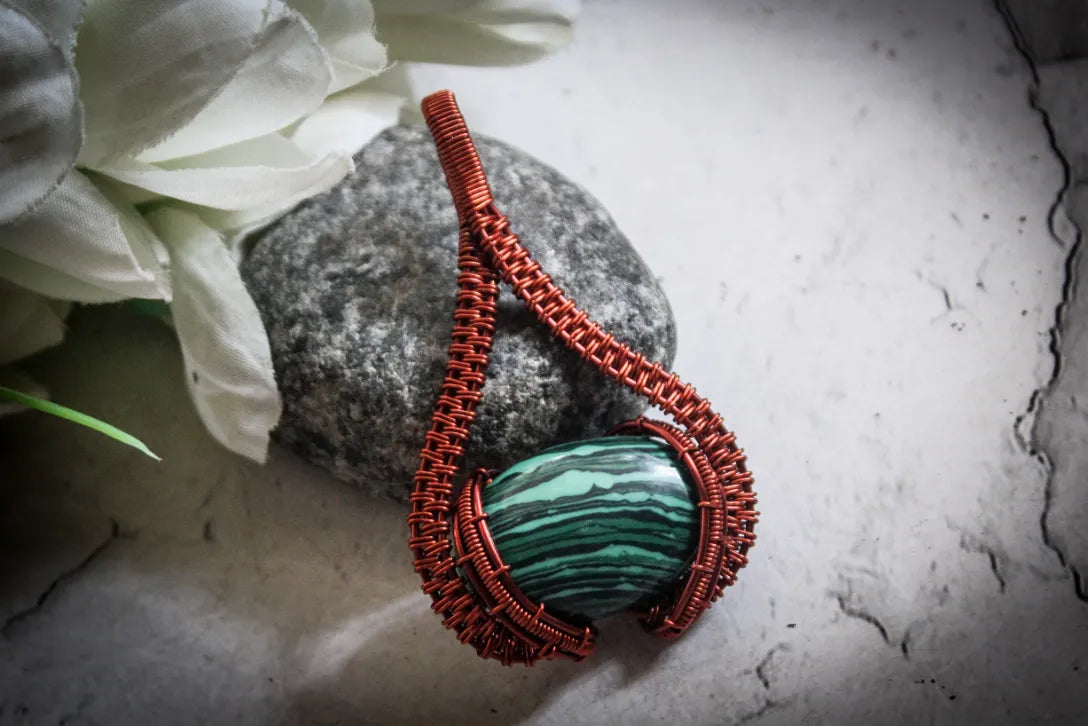 Malachite Gemstone Oval Wrap Pendant – Handmade Wire Wrapped Jewelry