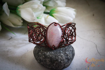 Rose Quartz Gemstone Wire Wrapped Bracelet Cuff – Handmade Jewelry