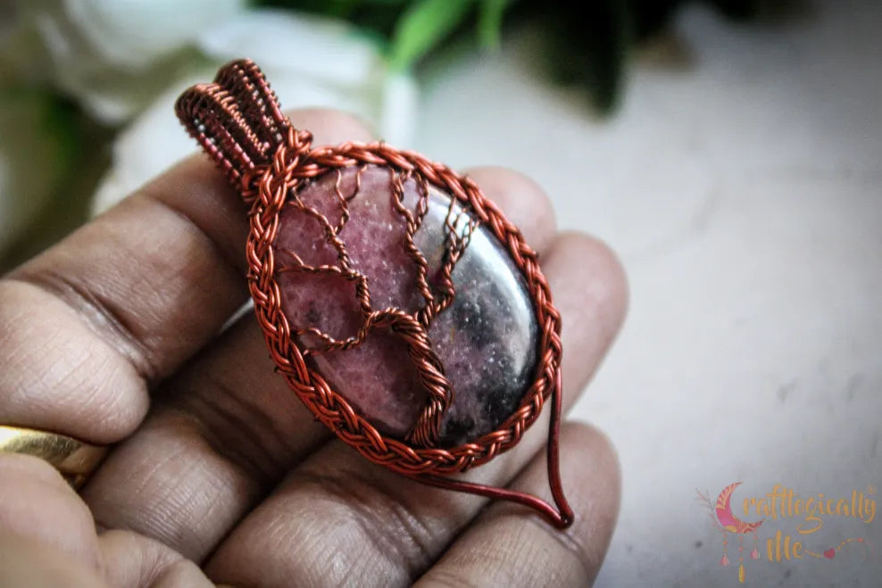 Rhodonite Tree of Life Braided Frame Pendant – Handmade Wire Wrapped Jewelry