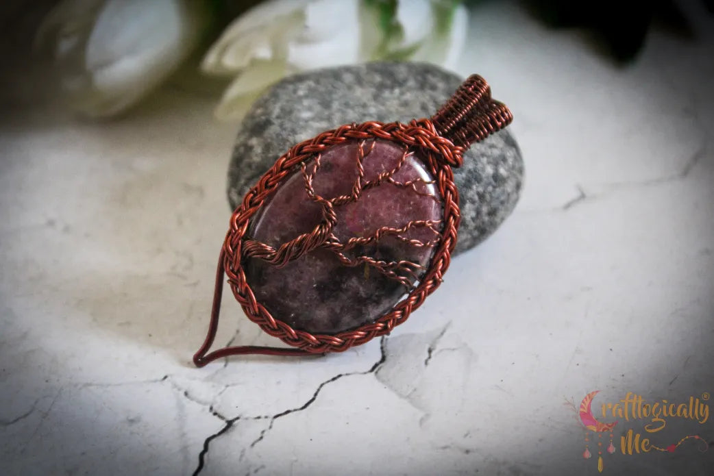 Rhodonite Tree of Life Braided Frame Pendant – Handmade Wire Wrapped Jewelry