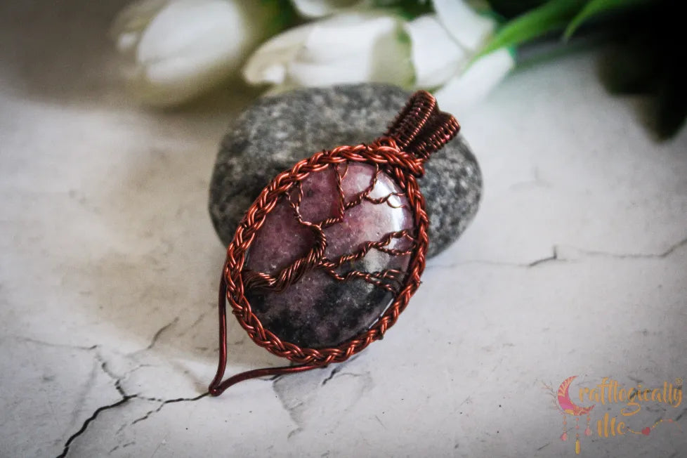 Rhodonite Tree of Life Braided Frame Pendant – Handmade Wire Wrapped Jewelry