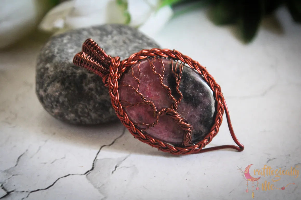 Rhodonite Tree of Life Braided Frame Pendant – Handmade Wire Wrapped Jewelry