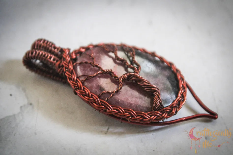 Rhodonite Tree of Life Braided Frame Pendant – Handmade Wire Wrapped Jewelry
