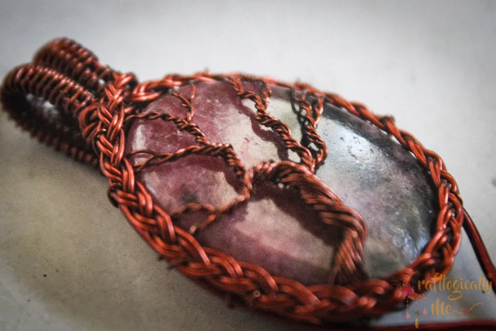 Rhodonite Tree of Life Braided Frame Pendant – Handmade Wire Wrapped Jewelry