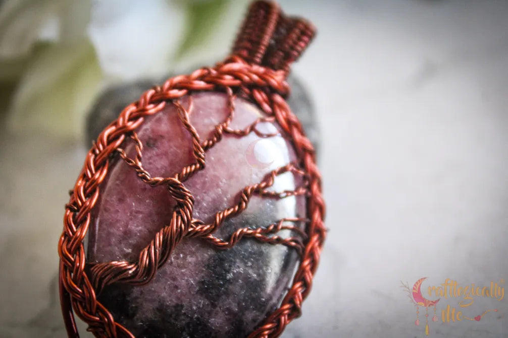 Rhodonite Tree of Life Braided Frame Pendant – Handmade Wire Wrapped Jewelry