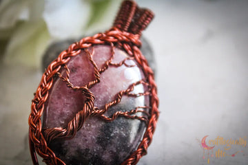 Rhodonite Tree of Life Braided Frame Pendant – Handmade Wire Wrapped Jewelry