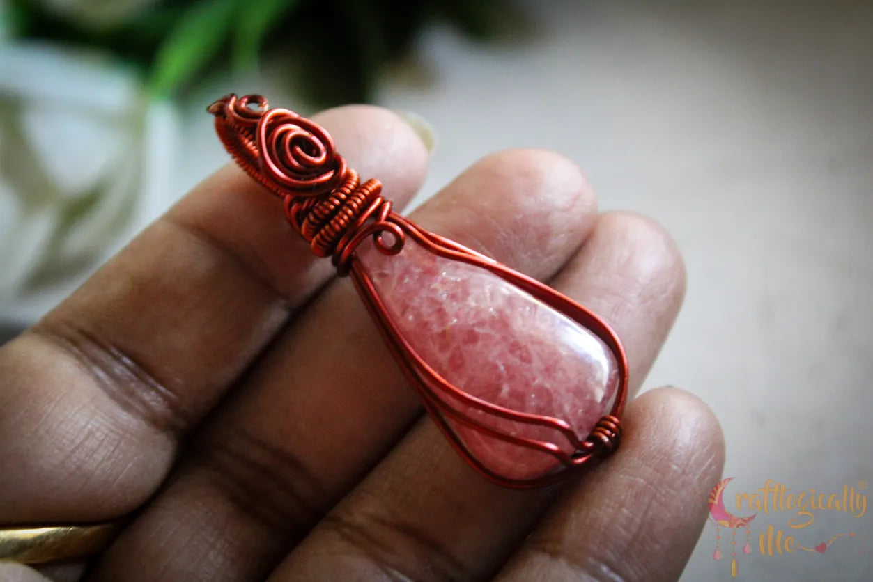 Rhodochrosite Gemstone Drop Pendant – Handmade Wire Wrapped Jewelry