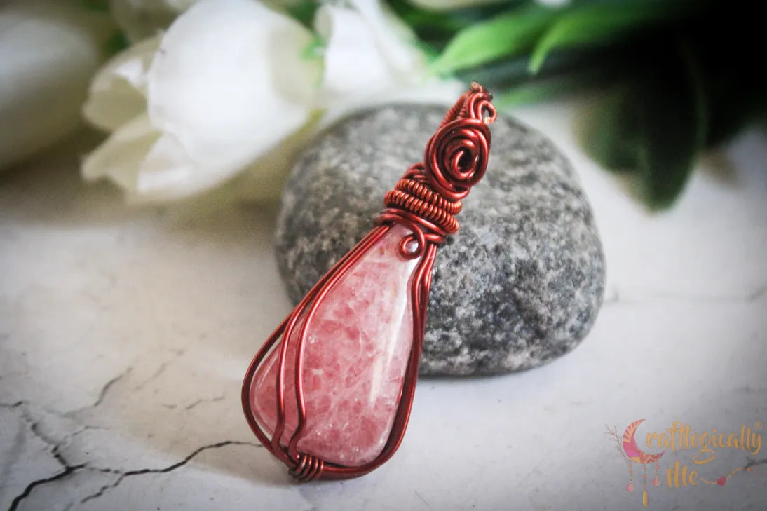 Rhodochrosite Gemstone Drop Pendant – Handmade Wire Wrapped Jewelry