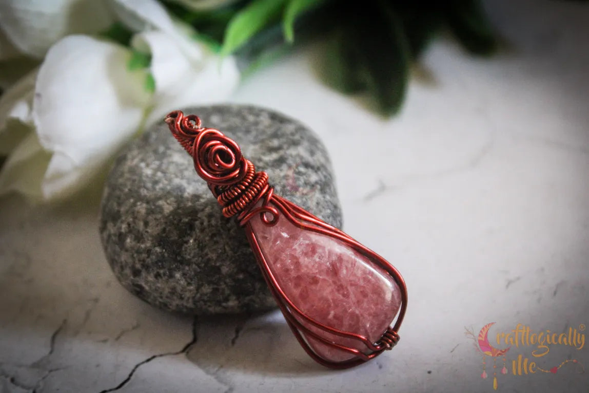 Rhodochrosite Gemstone Drop Pendant – Handmade Wire Wrapped Jewelry