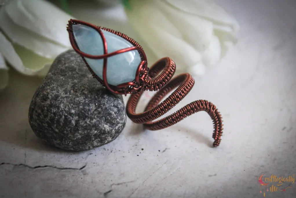 Aquamarine Gemstone Snake Ring – Handmade Wire Wrapped Statement Ring for Networking