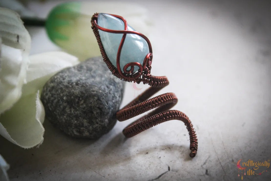 Aquamarine Gemstone Snake Ring – Handmade Wire Wrapped Statement Ring for Networking