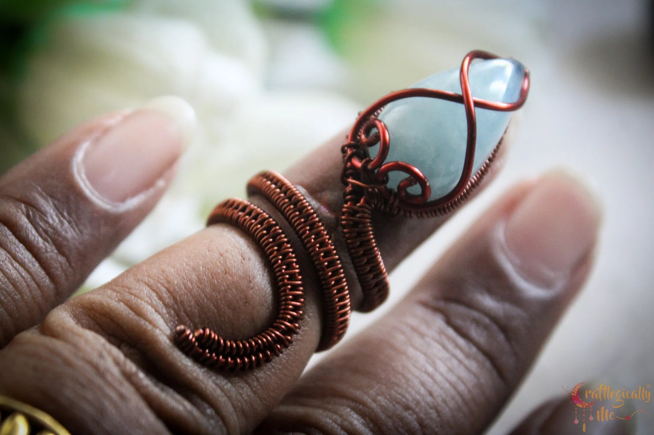 Aquamarine Gemstone Snake Ring – Handmade Wire Wrapped Statement Ring for Networking