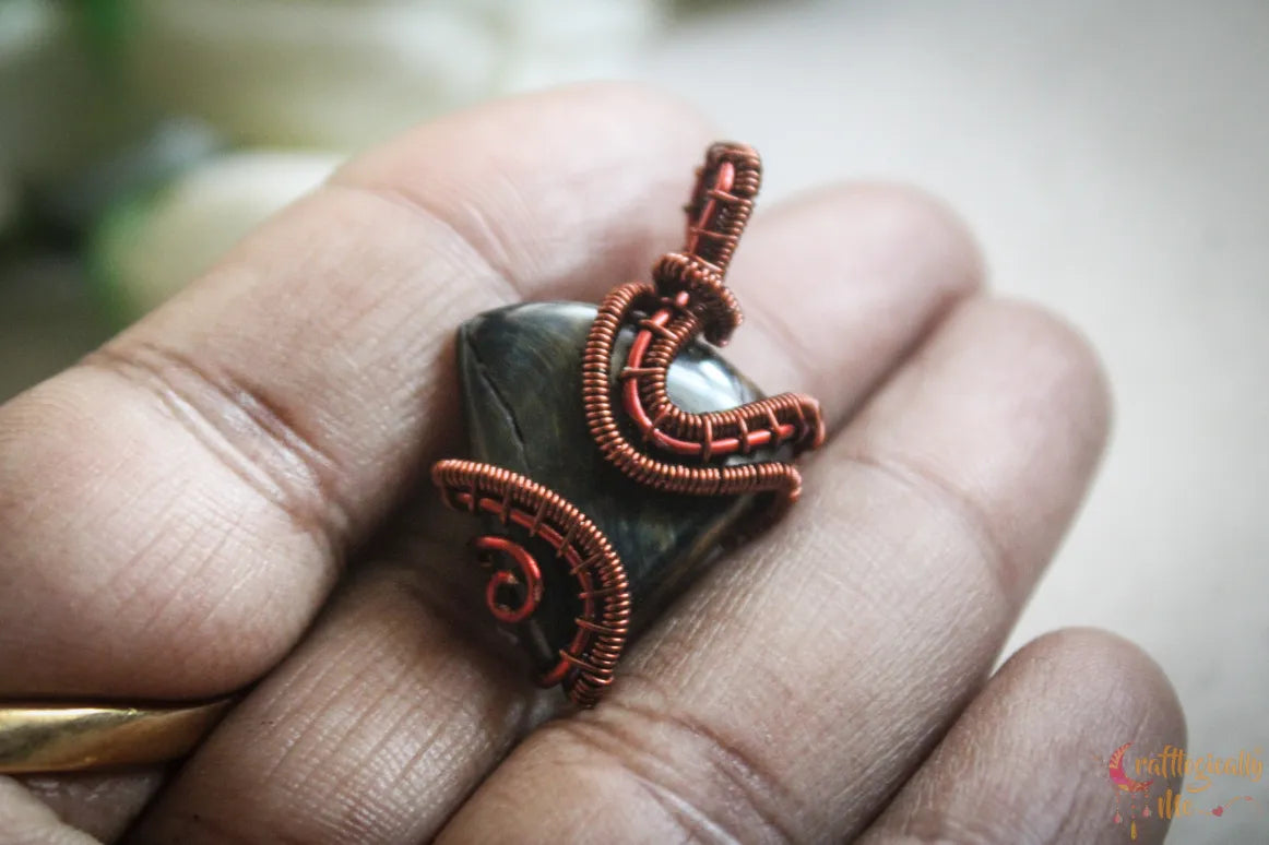 Blue Tiger’s Eye Gemstone Pendant – Handmade Wire Wrapped Jewelry for Focus and Clarity