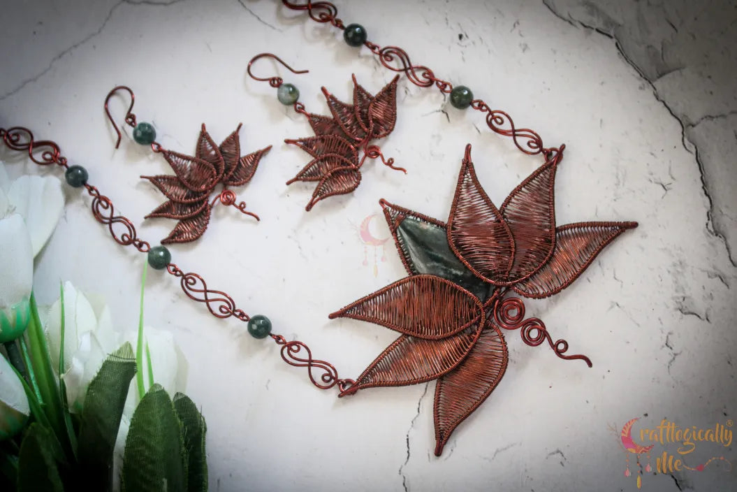 Green Aventurine Lotus Signature Pendant Set – Handmade Wire Wrapped Jewelry