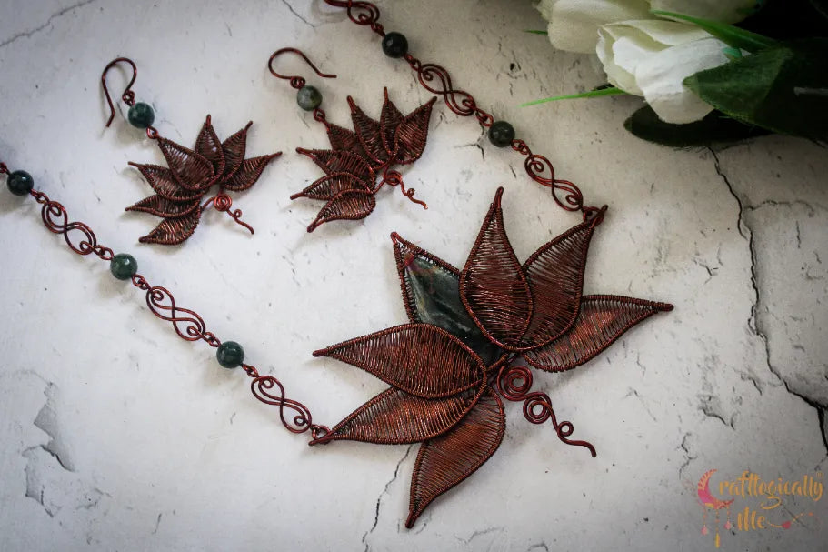 Green Aventurine Lotus Signature Pendant Set – Handmade Wire Wrapped Jewelry
