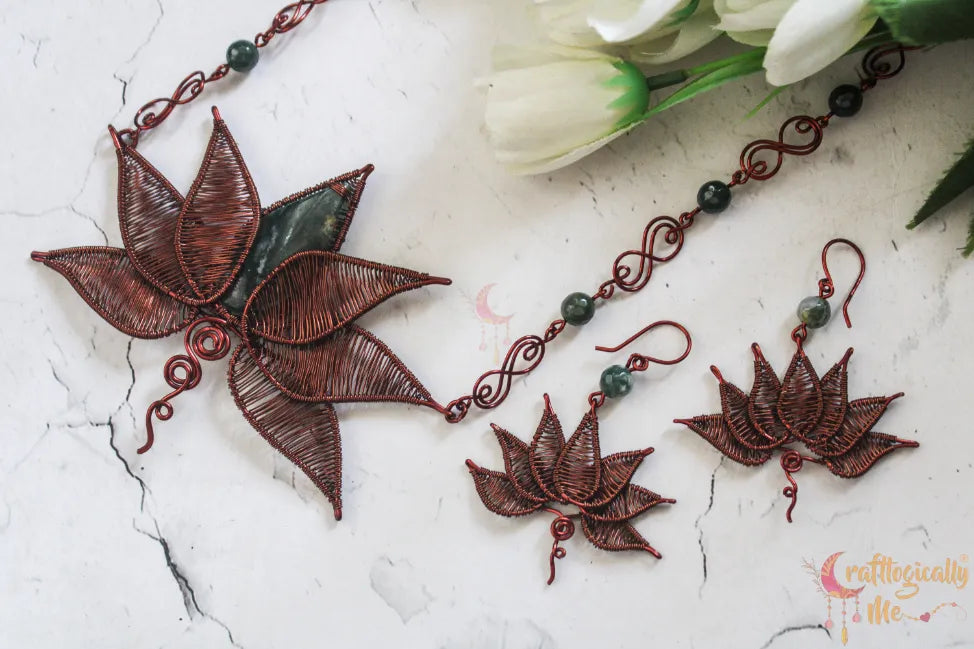 Green Aventurine Lotus Signature Pendant Set – Handmade Wire Wrapped Jewelry