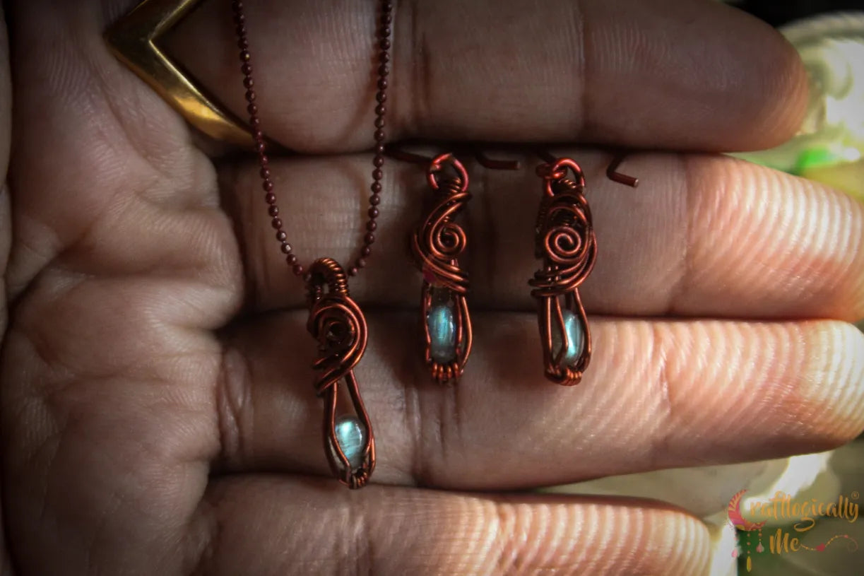 Mini Labradorite Gemstone Pendant Set – Handmade Wire Wrapped Jewelry