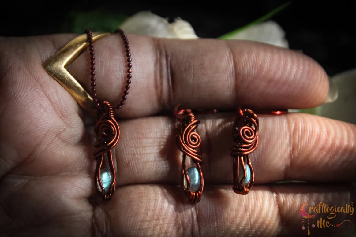 Mini Labradorite Gemstone Pendant Set – Handmade Wire Wrapped Jewelry