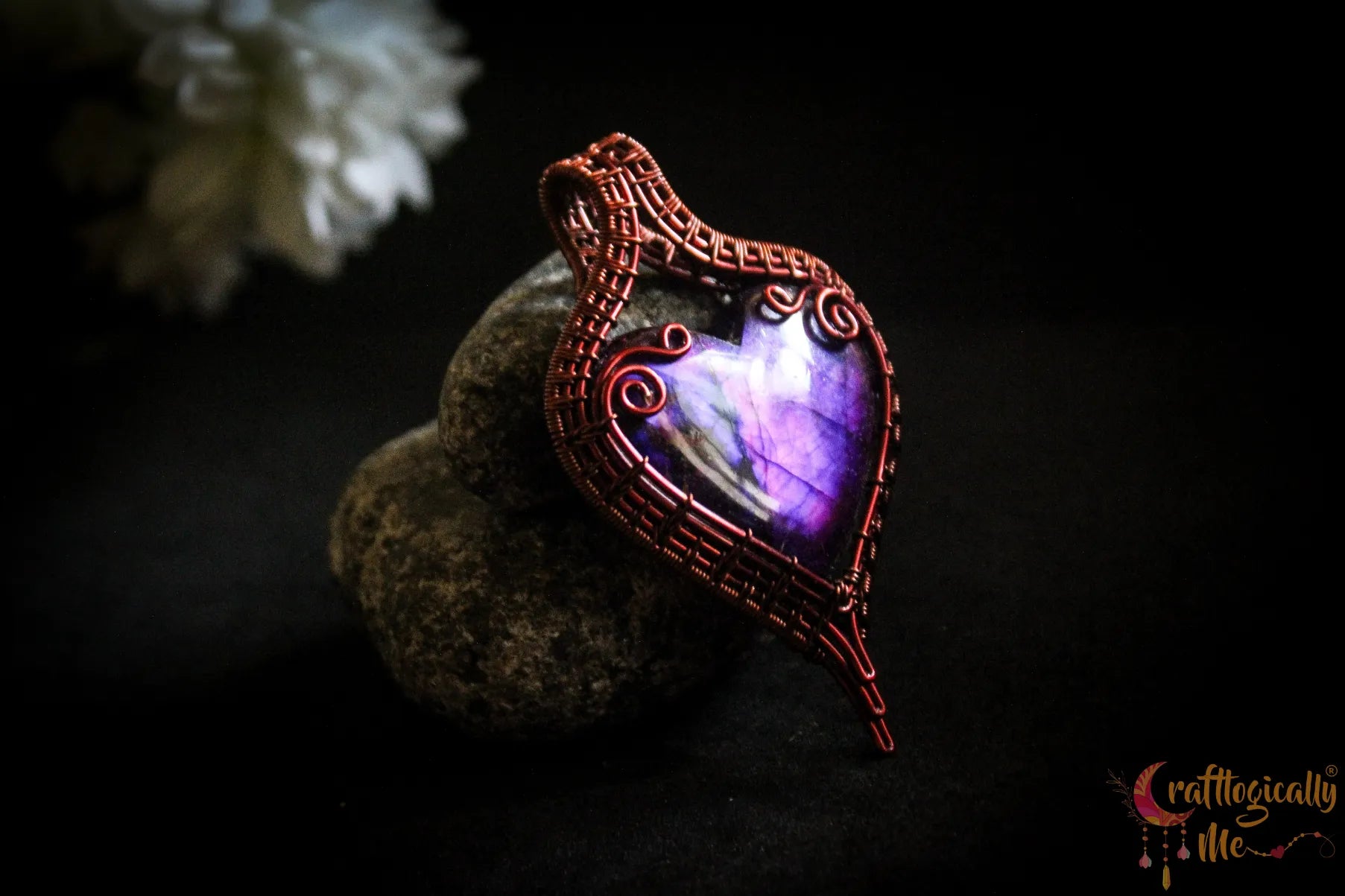 Pink Dyed Labradorite Gemstone Heart Frame Pendant – Handmade Wire Wrapped Jewelry