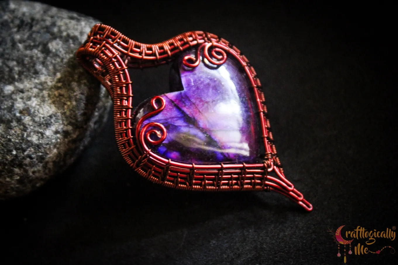 Pink Dyed Labradorite Gemstone Heart Frame Pendant – Handmade Wire Wrapped Jewelry