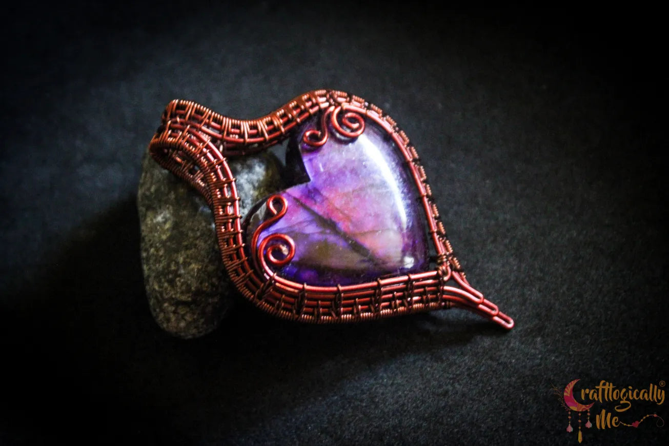 Pink Dyed Labradorite Gemstone Heart Frame Pendant – Handmade Wire Wrapped Jewelry