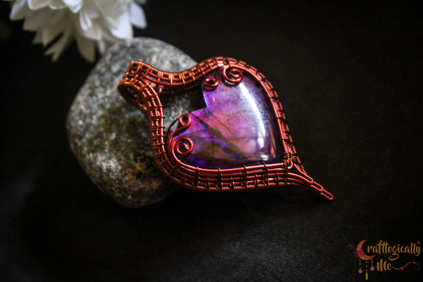 Pink Dyed Labradorite Gemstone Heart Frame Pendant – Handmade Wire Wrapped Jewelry